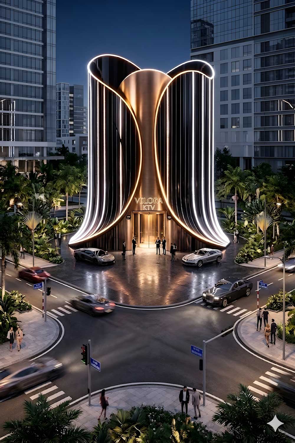 Mặt tiền KTV karaoke kiến trúc luxury hiện đại, thiết kế uốn cong độc đáo, hệ đèn LED đổi màu nổi bật, tạo điểm nhấn ánh sáng ấn tượng giữa đô thị cao cấp 
