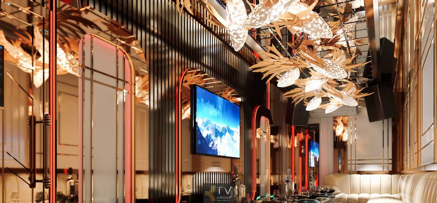 Thiết kế thi công phòng karaoke H KTV phong cách hiện đại sang trọng, trần đèn nghệ thuật độc đáo, nội thất cao cấp giúp nâng tầm trải nghiệm giải trí và thu hút khách hiệu quả.