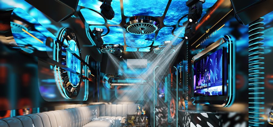 Thiết kế thi công phòng karaoke H KTV phong cách tương lai với ánh sáng LED xanh, trần công nghệ cao, hệ âm thanh bố trí chuẩn, tạo không gian giải trí sống động và đẳng cấp.