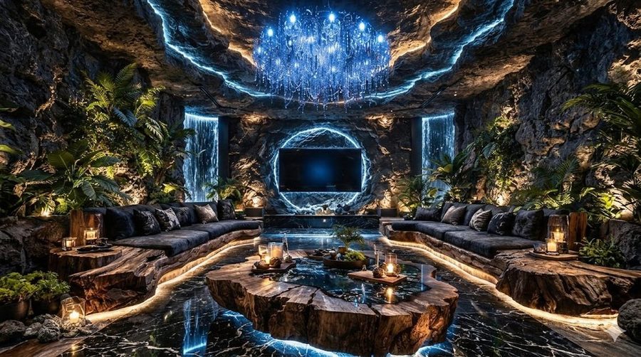 Thiết kế thi công phòng karaoke H KTV phong cách hang động thiên nhiên, kết hợp thác nước, ánh sáng LED và nội thất cao cấp, tạo không gian giải trí độc đáo, đẳng cấp và khác biệt.