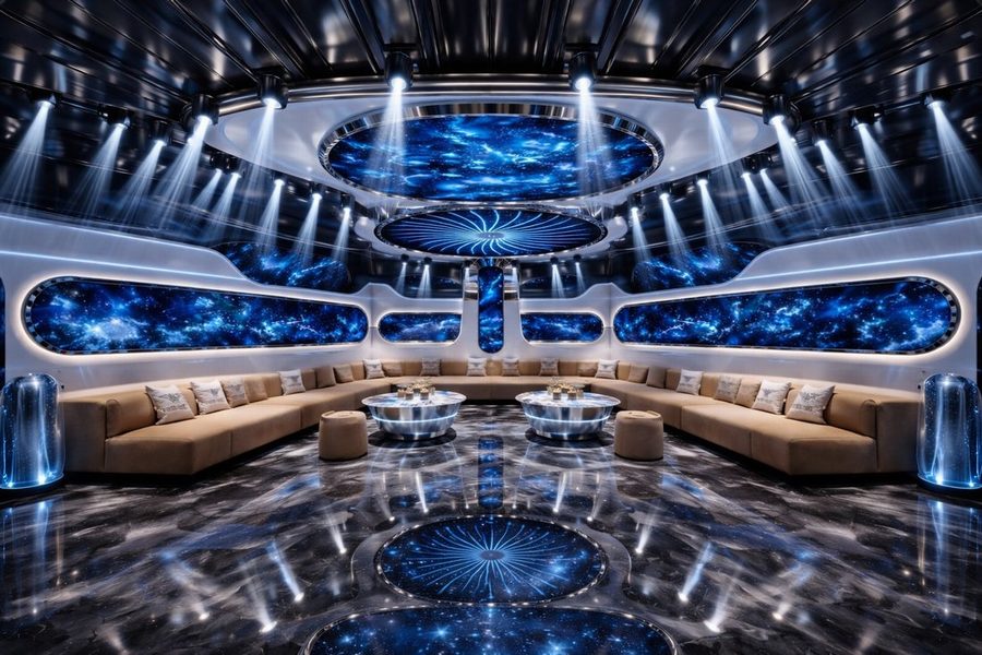 Phòng karaoke H KTV phong cách vũ trụ với ánh sáng LED xanh, trần galaxy ấn tượng, nội thất sofa cao cấp và không gian rộng rãi tạo trải nghiệm giải trí độc đáo