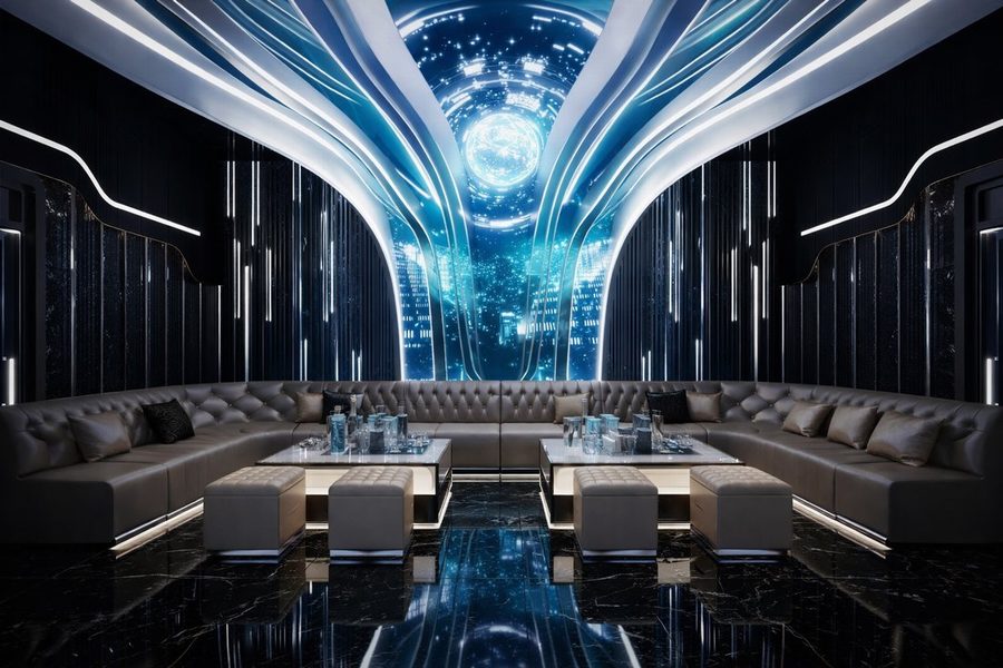 Phòng karaoke H KTV thiết kế hiện đại với ánh sáng LED xanh, trần uốn lượn nghệ thuật, nội thất sofa cao cấp và không gian sang trọng tạo điểm nhấn ấn tượng
