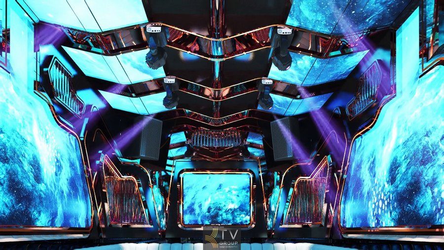 Thiết kế thi công phòng karaoke H KTV phong cách tương lai với màn hình LED 360 độ, ánh sáng xanh dương và hệ trần công nghệ cao tạo trải nghiệm giải trí đẳng cấp.