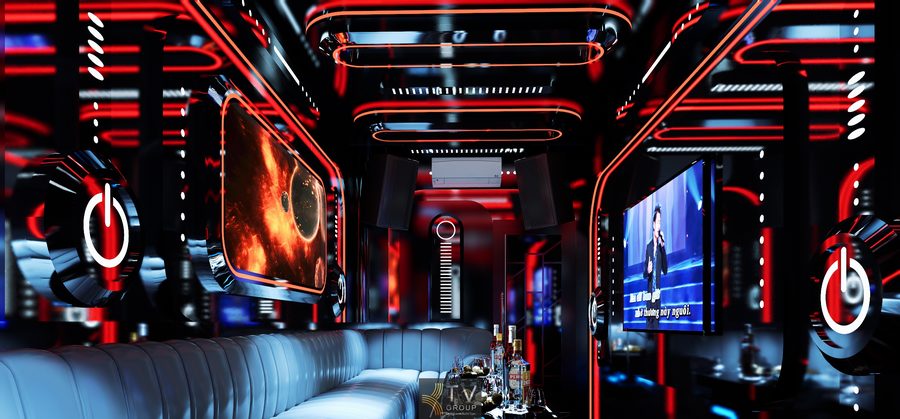 Phòng karaoke H KTV phong cách futuristic đỏ đen, ánh sáng LED mạnh, nội thất da cao cấp, màn hình lớn sắc nét, trần thiết kế công nghệ, hệ âm thanh chuyên nghiệp, không gian giải trí ấn tượng