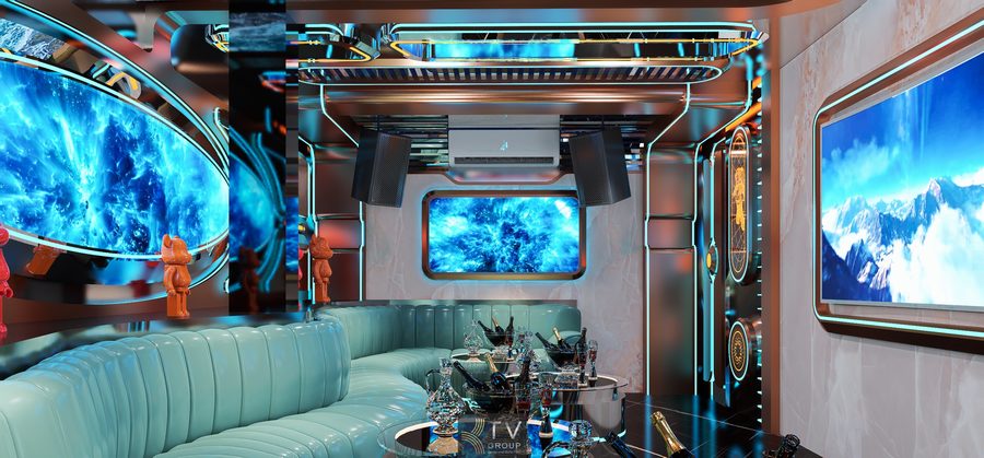 Thiết kế thi công phòng karaoke H KTV phong cách hiện đại với trần LED nghệ thuật, hiệu ứng ánh sáng sân khấu và nội thất cao cấp giúp tạo không gian giải trí thu hút khách hiệu quả.