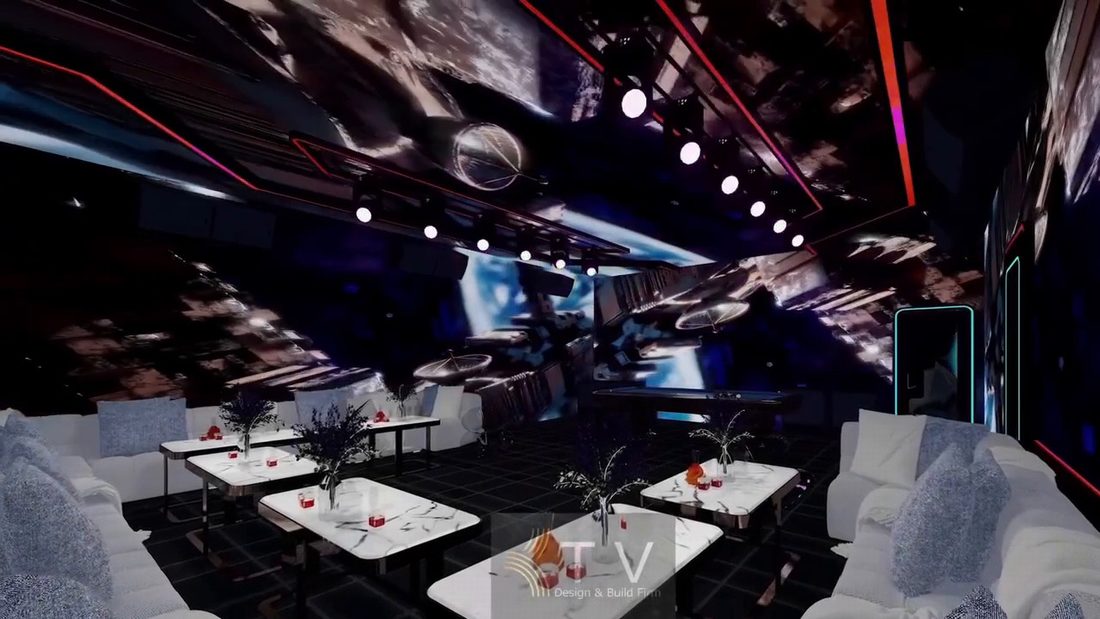Không gian Karaoke 5D 6D hiện đại sử dụng LED Mapping toàn bộ trần và tường. Phòng Karaoke VIP 5D 6D phong cách Futuristic với ánh sáng chuyển động. 
