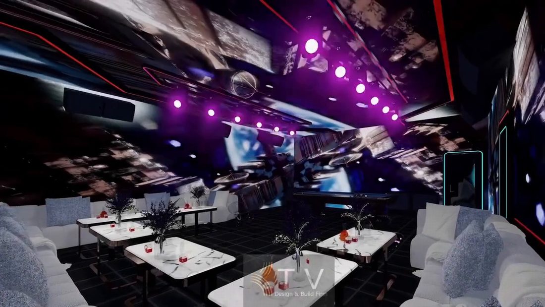 Thiết kế Karaoke KTV cao cấp tích hợp màn hình LED và hiệu ứng sân khấu. Thi công Karaoke TP.HCM với hệ thống Beam Moving Head đồng bộ theo nhạc. 