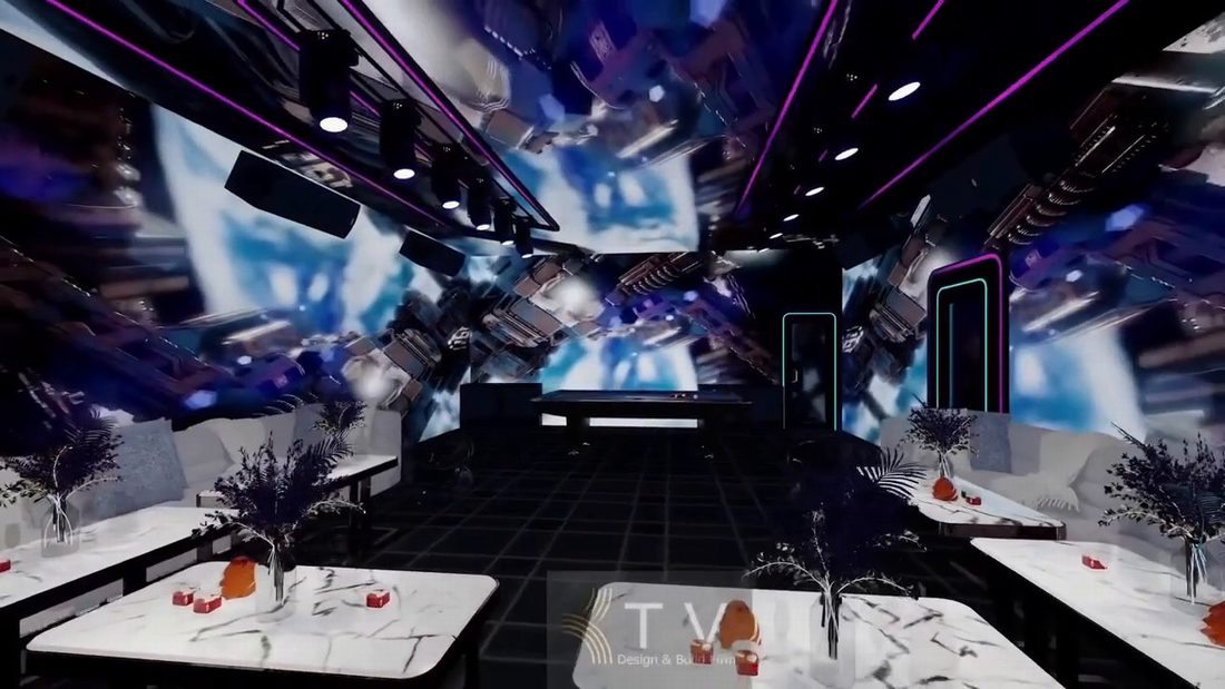 Mẫu Karaoke 5D 6D hiện đại kết hợp bàn bida và không gian Lounge. Thiết kế phòng Karaoke LED Mapping mang phong cách giải trí tương lai. 