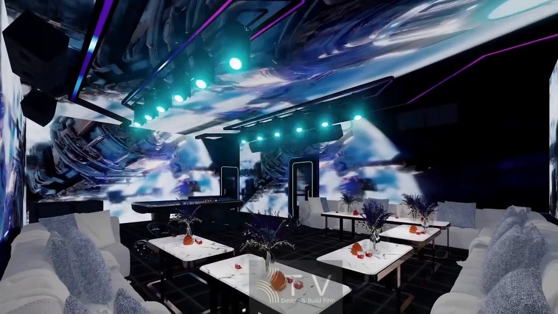 Mẫu thiết kế Karaoke KTV 5D 6D tại TP.HCM ứng dụng công nghệ ánh sáng thông minh, màn hình LED toàn không gian và hiệu ứng đồng bộ theo từng giai điệu. Phong cách Futuristic hiện đại mang đến trải nghiệm giải trí sống động, khác biệt và đầy ấn tượng. 