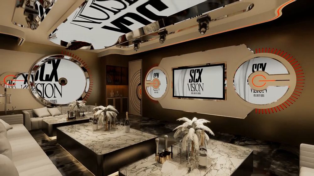 Thiết kế phòng karaoke cao cấp với gương inox bóng gương. Mẫu karaoke Luxury sử dụng sofa da trắng sang trọng. 