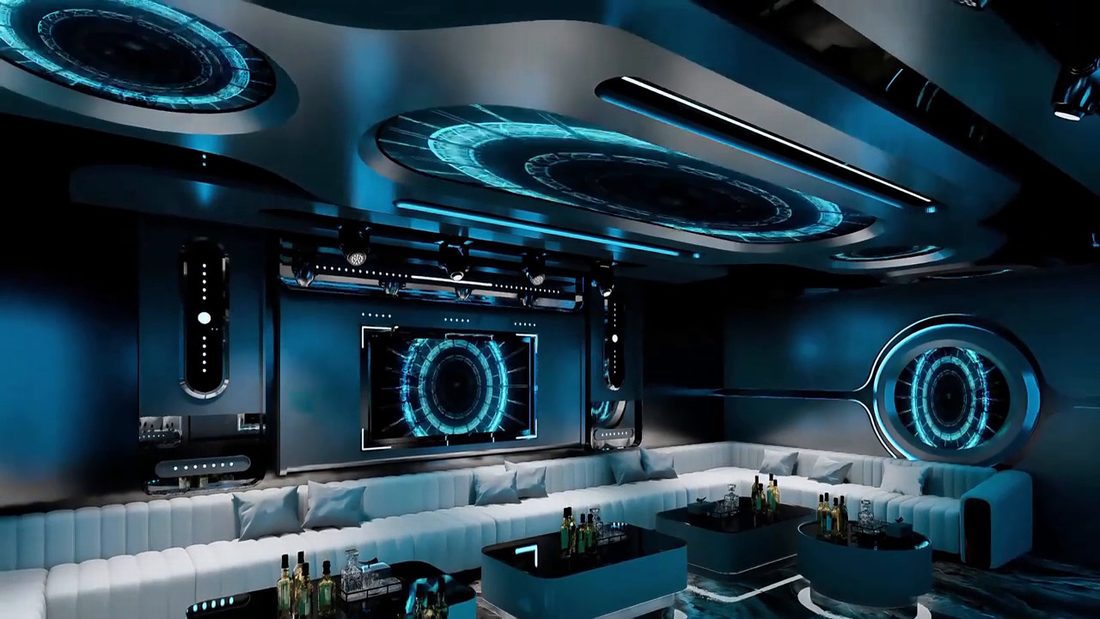 Nội thất phòng karaoke cao cấp với hệ LED xanh hiện đại. Mẫu phòng karaoke VIP sang trọng sử dụng sofa da cao cấp.