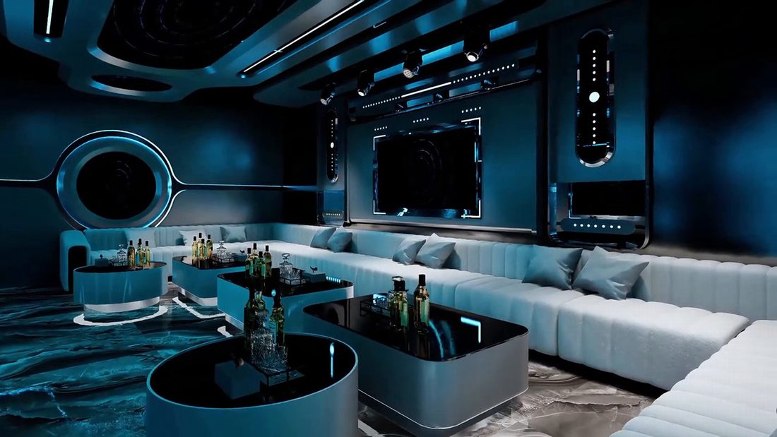 Thiết kế trần karaoke LED 3D phong cách công nghệ tương lai. Không gian karaoke hiện đại với màn hình trung tâm cỡ lớn.