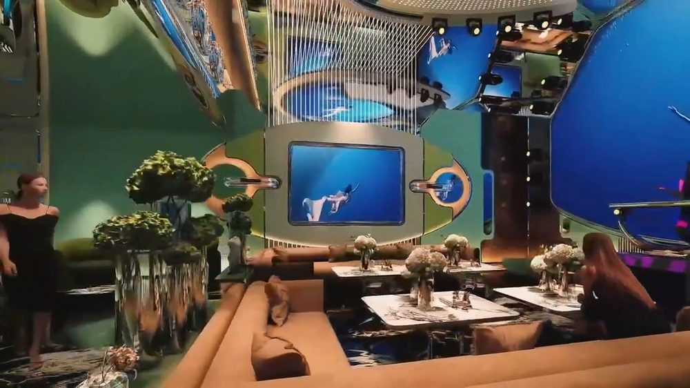 Thiết kế karaoke KTV hiện đại với màn hình LED lớn, nội thất lounge cao cấp và phong cách kiến trúc tương lai. 
