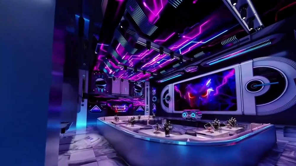 Thiết kế phòng karaoke Cyberpunk hiện đại với trần LED tím xanh neon, không gian giải trí công nghệ cao thu hút khách hàng trẻ.