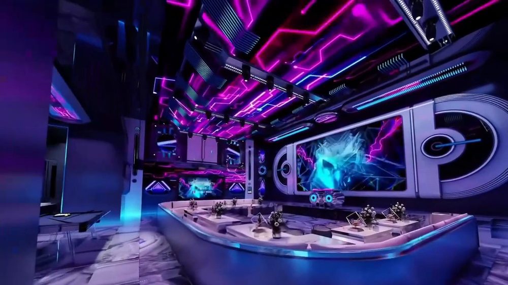 Mẫu thiết kế karaoke VIP phong cách Futuristic sử dụng màn hình LED lớn và hệ ánh sáng nghệ thuật sang trọng.