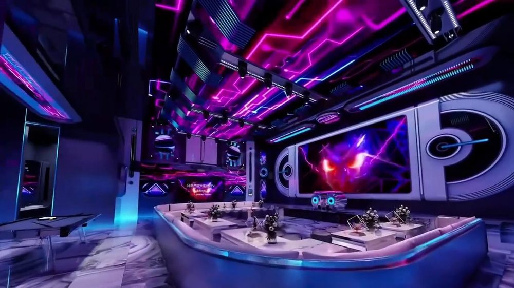 Thi công phòng karaoke công nghệ cao với không gian mở, sofa VIP và hệ thống ánh sáng LED đa tầng hiện đại.