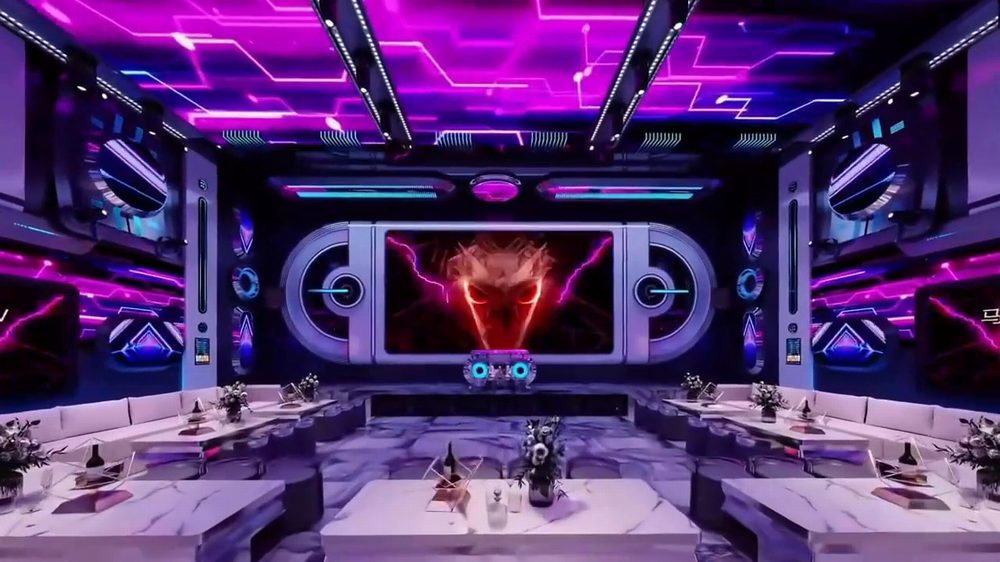 Mẫu phòng karaoke hiện đại phong cách Cyberpunk với thiết kế đối xứng và ánh sáng LED nghệ thuật độc đáo.