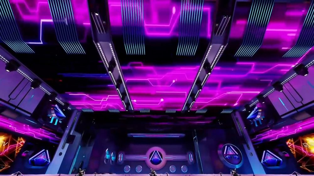 Thiết kế phòng karaoke đẹp với trần LED công nghệ cao, hiệu ứng ánh sáng tím hiện đại và không gian giải trí sang trọng.