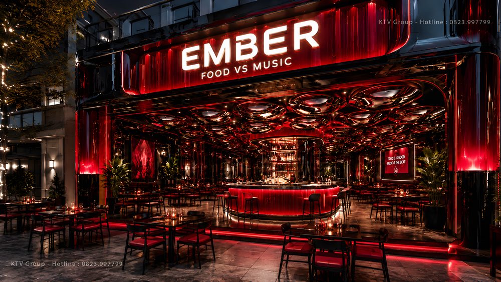 Thiết Kế Thi Công Beer Club Food Music tại TPHCM với quầy bar trung tâm, hệ đèn LED đỏ nổi bật, không gian ẩm thực kết hợp âm nhạc hiện đại, sang trọng và đẳng cấp. 