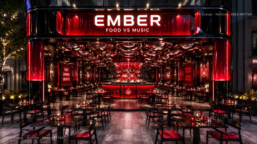 Thiết Kế Thi Công Beer Club Food Music tại TPHCM với quầy bar trung tâm, ánh sáng LED đỏ nổi bật, không gian F&B hiện đại, sang trọng và đậm phong cách giải trí nightlife chuyên nghiệp. 