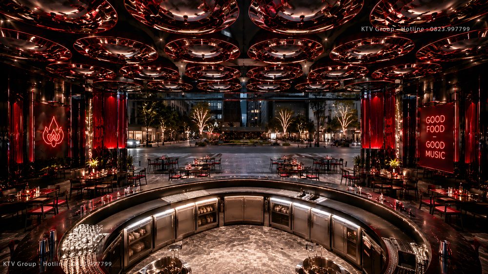 Thiết Kế Thi Công Beer Club Food Music tại TPHCM với quầy bar vòng cung, hệ trần LED nghệ thuật, không gian F&B mở, nội thất sang trọng và phong cách nightlife hiện đại, đẳng cấp. 