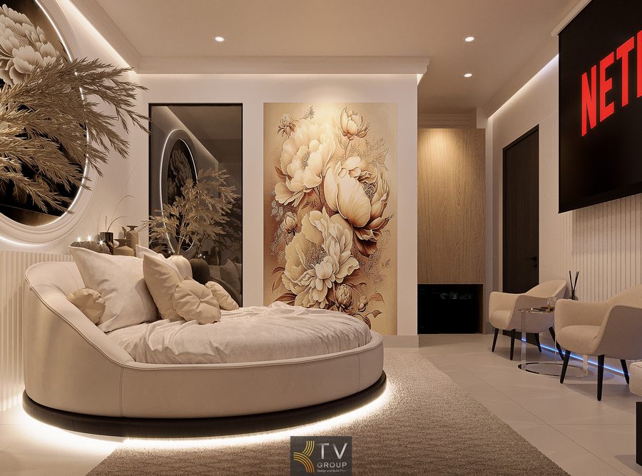 Không gian khách sạn phong cách Neo Luxury với giường bo cong, ghế thư giãn và ánh sáng ấm áp tinh tế