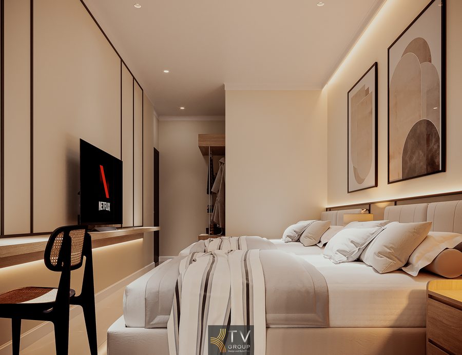 nội thất phòng khách sạn 2 giường thiết kế hiện đại sử dụng chất liệu gỗ và vải mềm mại, ánh sáng dịu giúp tạo nên không gian ấm cúng và sang trọng 