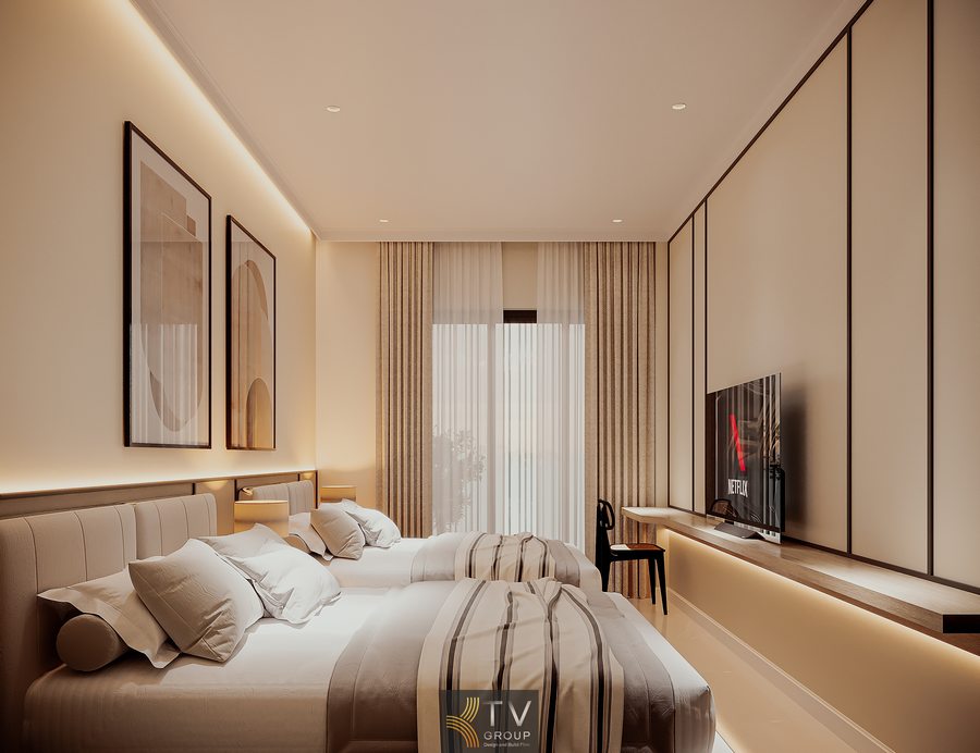 thiết kế phòng khách sạn 2 giường phong cách hiện đại với ánh sáng ấm áp, nội thất tối giản tinh tế tạo cảm giác thư giãn và thoải mái cho khách lưu trú dài ngày 