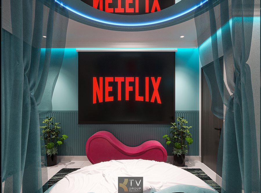 Không gian phòng khách sạn thiết kế mở với khu tắm kính, bồn tắm lớn và họa tiết tường nổi bật mang lại trải nghiệm mới lạ 