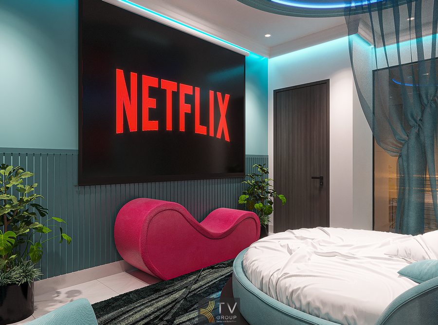 Phòng khách sạn concept hiện đại với giường tròn, rèm mềm mại và hệ gương phản chiếu giúp tăng chiều sâu không gian 