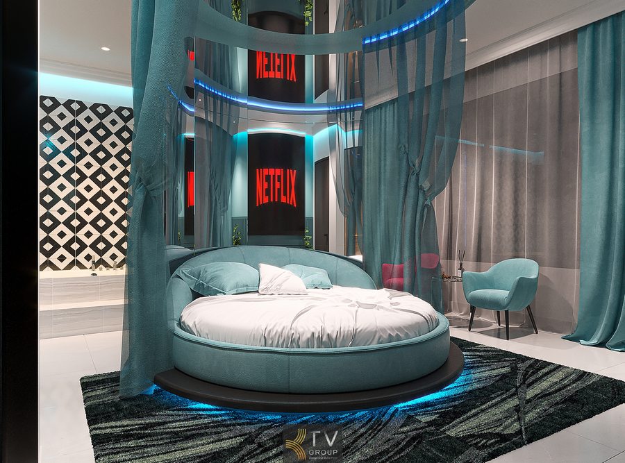 Thiết kế phòng khách sạn mở với khu vệ sinh kính, họa tiết tường hình học và ánh sáng hiện đại nổi bật 1