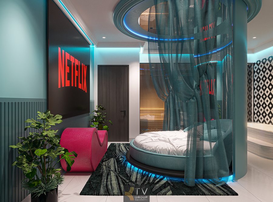 Thiết kế phòng khách sạn mở với khu vệ sinh kính, họa tiết tường hình học và ánh sáng hiện đại nổi bật 22