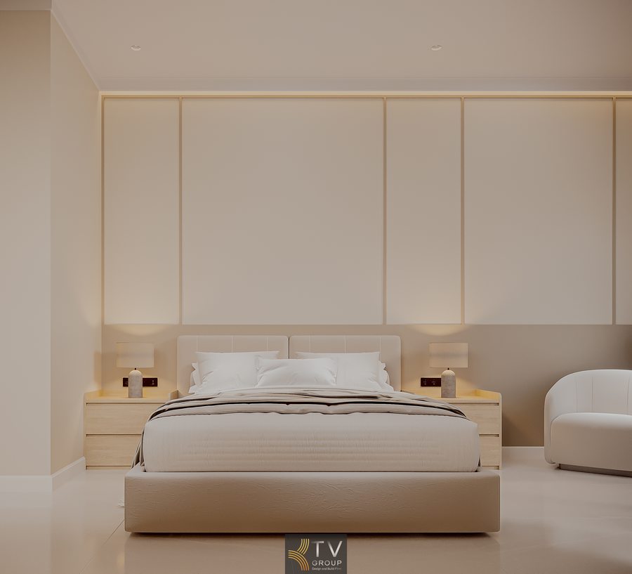 thiết kế phòng khách sạn hiện đại tông sáng với nội thất gỗ tối giản và ánh sáng tự nhiên tạo không gian nghỉ ngơi thoải mái 