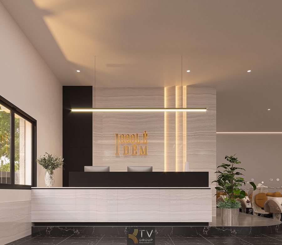 Không gian sảnh khách sạn rộng rãi với quầy tiếp tân trung tâm và hệ đèn LED tạo điểm nhấn hiện đại Thiết kế khu vực lễ tân khách sạn với sàn đá tối, quầy sáng và ánh sáng hài hòa tạo cảm giác cao cấp