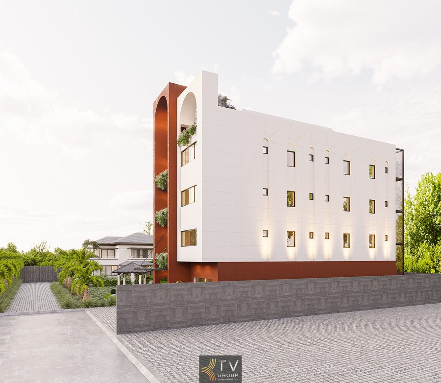 thiết kế khách sạn hiện đại tại tây ninh với mặt tiền tối giản kết hợp mảng xanh ban công tạo không gian kiến trúc hài hòa và thân thiện 