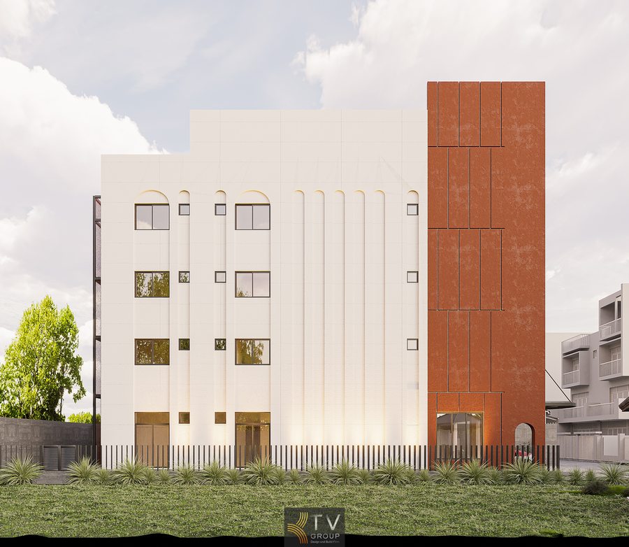 kiến trúc khách sạn nhiều tầng phong cách hiện đại với hình khối vuông vức và chi tiết vòm cong tạo điểm nhấn độc đáo 