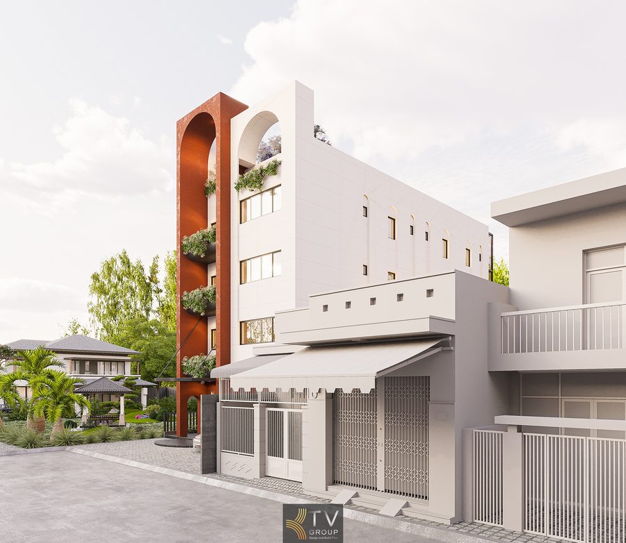 mặt tiền khách sạn đẹp ban ngày với cây xanh bố trí hợp lý giúp công trình trở nên mềm mại và gần gũi hơn khách sạn mini hiện đại với thiết kế đơn giản kết hợp ban công trồng cây mang lại cảm giác thoáng mát tự nhiên 