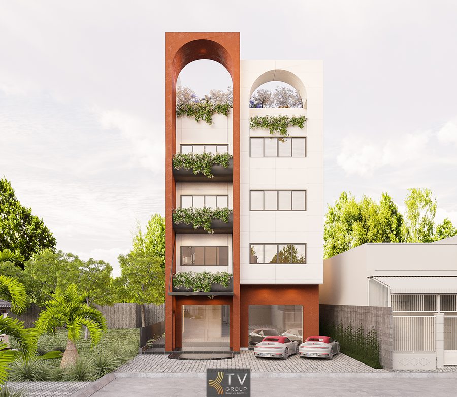 công trình khách sạn tại đô thị với kiến trúc tối giản màu sắc trung tính phù hợp đầu tư kinh doanh lưu trú thiết kế khách sạn 4 tầng với mặt tiền gọn gàng tích hợp không gian xanh tạo điểm nhấn thẩm mỹ nổi bật 