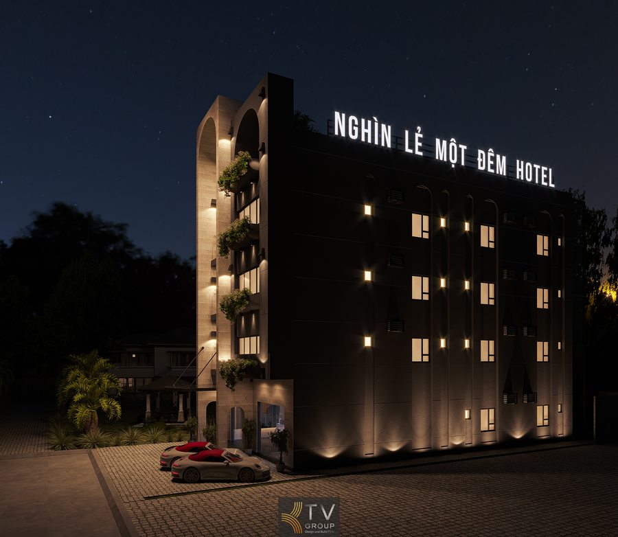 thiết kế khách sạn hiện đại tại tây ninh với mặt tiền ánh sáng nổi bật ban đêm kiến trúc tối giản sang trọng phù hợp kinh doanh lưu trú 