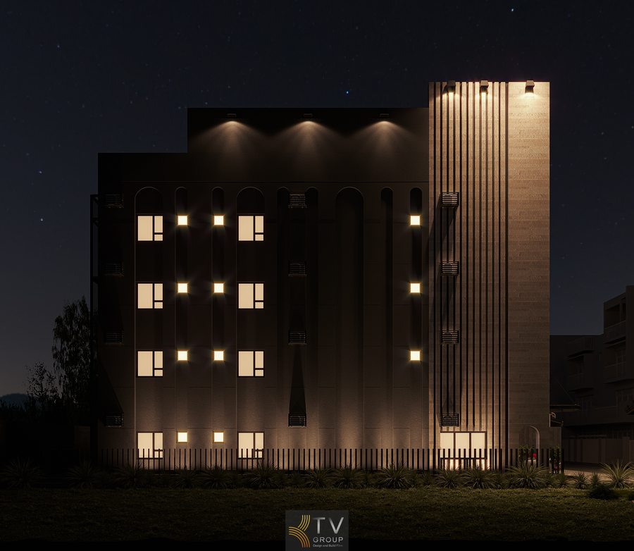 mặt tiền khách sạn đẹp với hệ đèn LED hắt tường tạo điểm nhấn kiến trúc hiện đại thu hút khách hàng vào buổi tối 