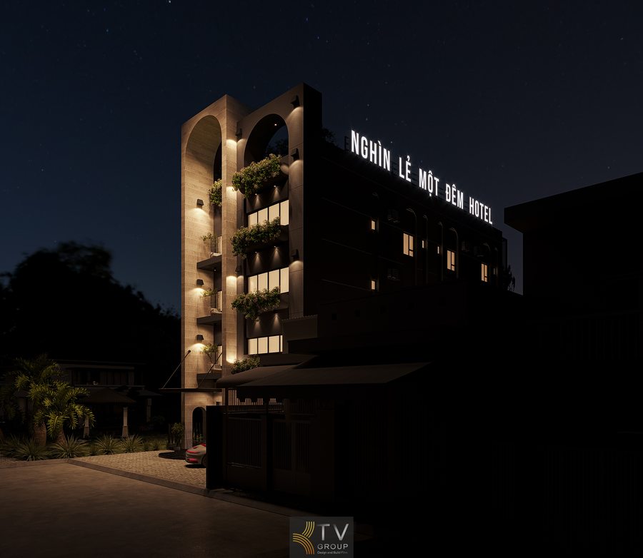 khách sạn mini phong cách hiện đại với thiết kế hình khối đơn giản ánh sáng ấm áp giúp tăng nhận diện thương hiệu công trình khách sạn tại tây ninh với kiến trúc tối giản kết hợp ánh sáng tinh tế tạo nên vẻ ngoài sang trọng 