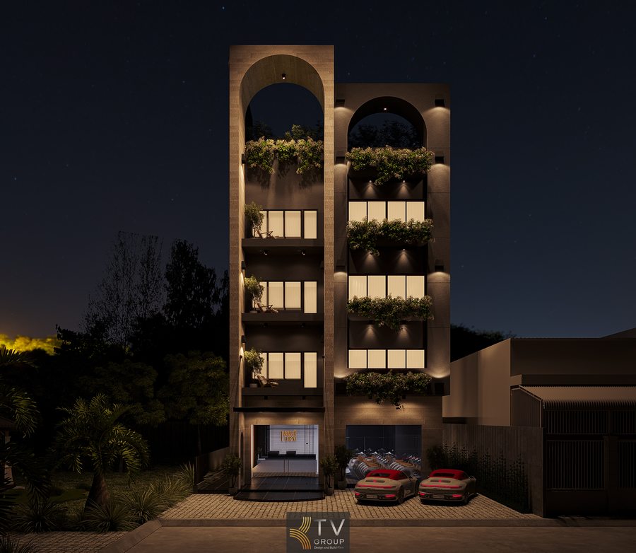 thiết kế khách sạn nhiều tầng với mặt tiền nổi bật ánh sáng ban đêm và bố cục gọn gàng dễ thi công khách sạn hiện đại với hệ thống đèn chiếu sáng mặt tiền tạo hiệu ứng thị giác mạnh và thu hút ánh nhìn 