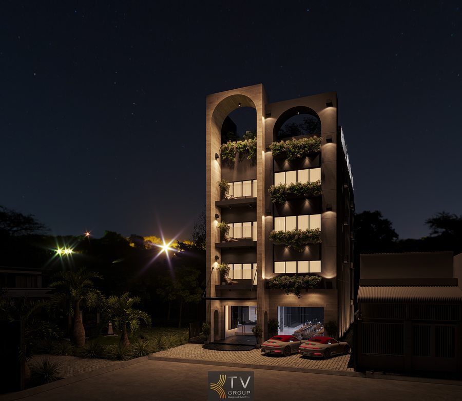 kiến trúc khách sạn phong cách tối giản với ánh sáng hắt chân tường tạo cảm giác công trình cao ráo thiết kế khách sạn nhỏ đẹp với ban công cây xanh và ánh sáng vàng tạo không gian thân thiện và gần gũi 