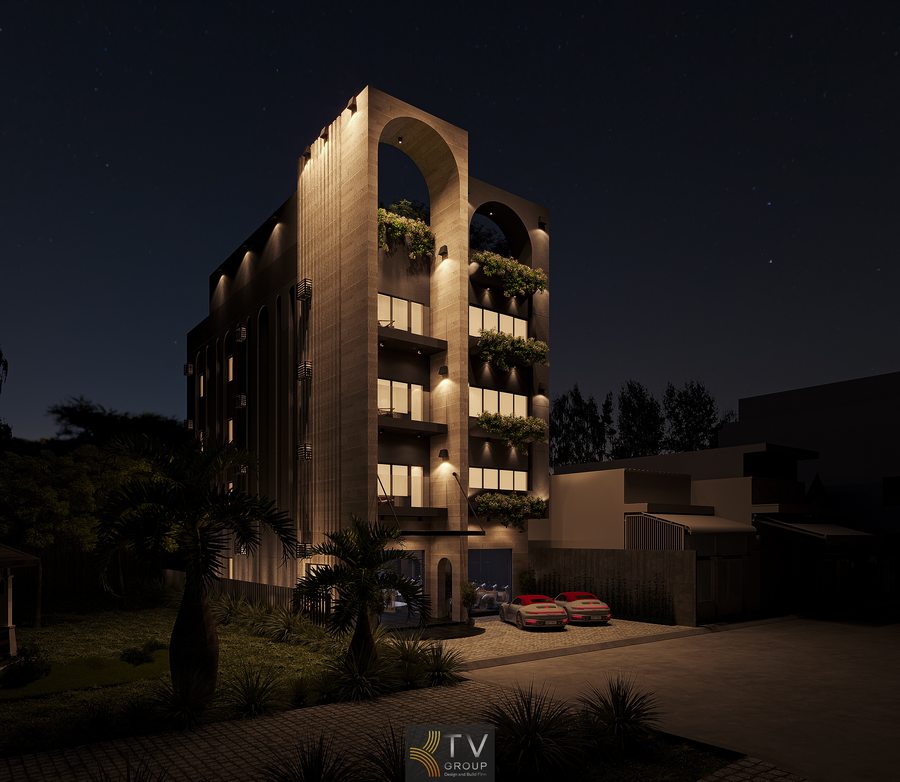 khách sạn kinh doanh lưu trú với thiết kế hiện đại ánh sáng nổi bật giúp tăng khả năng thu hút khách công trình khách sạn tại đô thị với kiến trúc đơn giản ánh sáng tinh tế phù hợp đầu tư lâu dài 