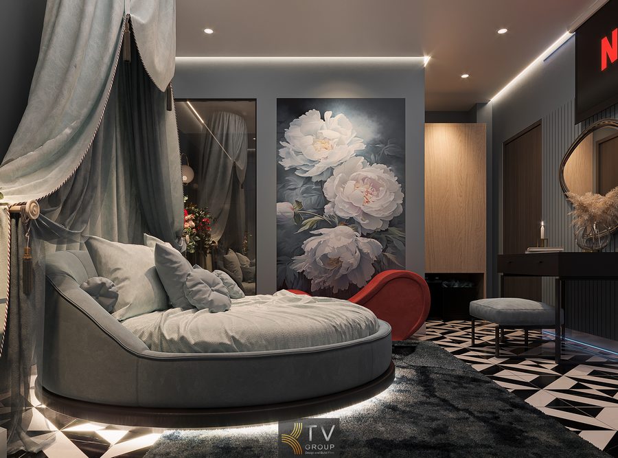 không gian phòng khách sạn hiện đại với nội thất uốn cong độc đáo kết hợp ánh sáng gián tiếp và decor tinh tế mang đến cảm giác thư giãn