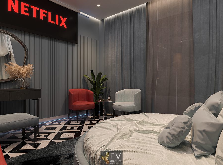 nội thất phòng khách sạn cao cấp với thiết kế bo cong sáng tạo ánh sáng hắt trần tinh tế và bố cục không gian hài hòa hiện đại