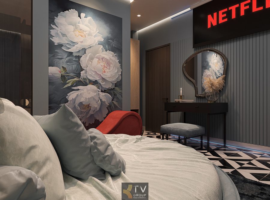 thiết kế phòng ngủ khách sạn với giường bo cong độc đáo kết hợp ánh sáng LED dưới chân giường tạo hiệu ứng không gian sang trọng