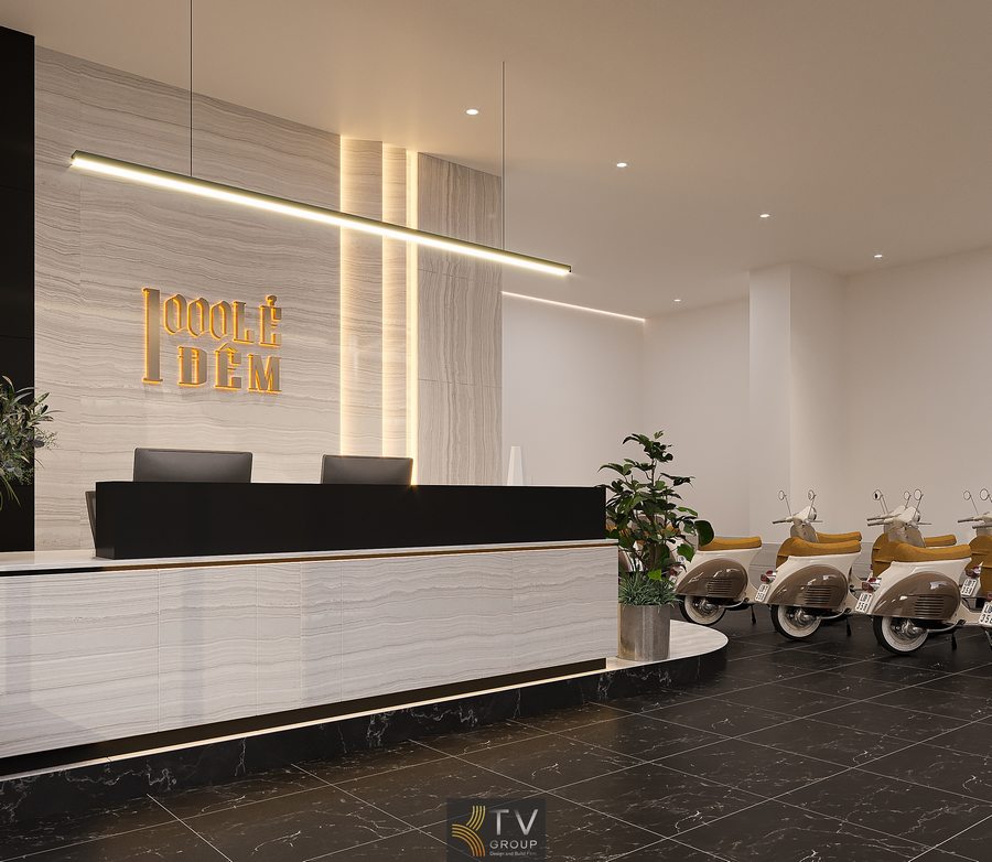 Quầy tiếp tân khách sạn với ánh sáng gián tiếp, vật liệu sáng và bố trí khoa học giúp tối ưu vận hành