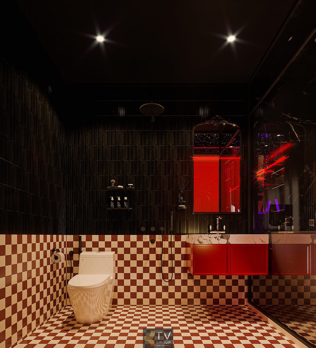 Không gian khách sạn concept ánh sáng với màu đỏ chủ đạo, kết hợp ánh sáng tím và vàng tạo nên không khí ấn tượng và cuốn hút 