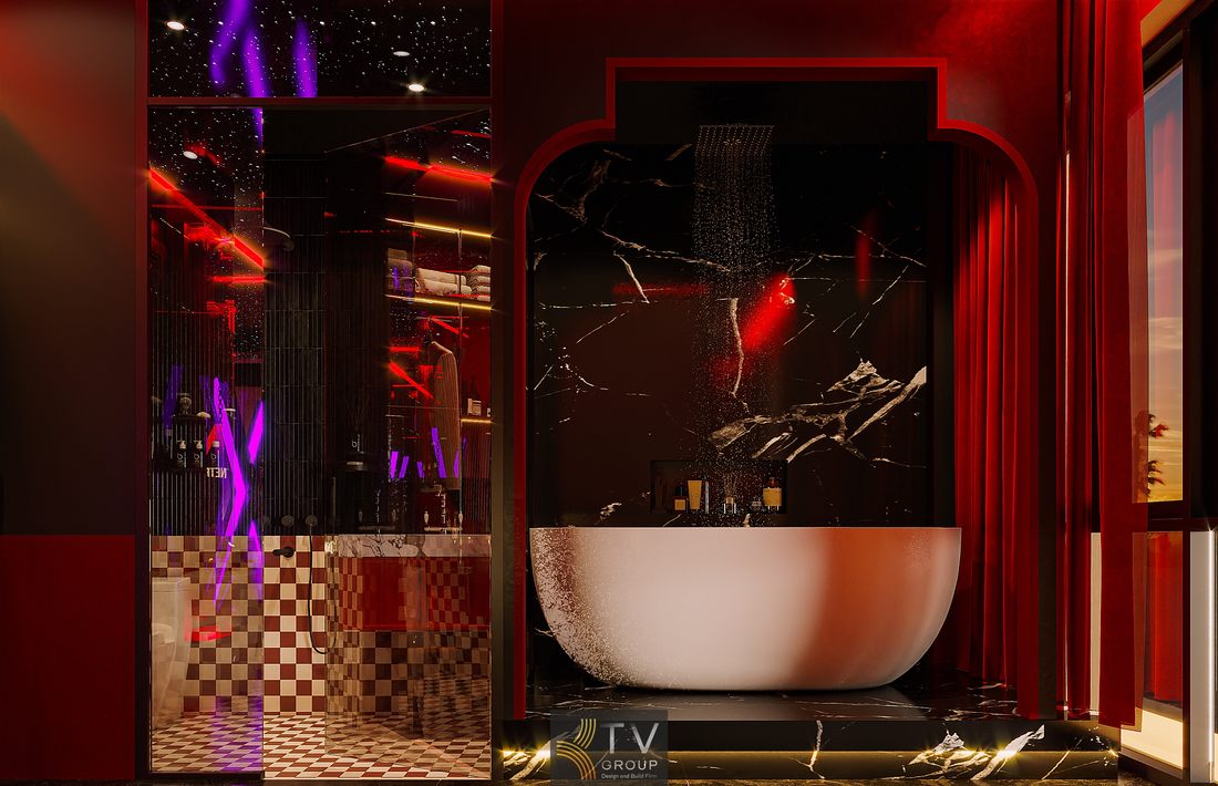 Phòng khách sạn concept ánh sáng hiện đại với giường trung tâm bọc nệm đỏ, trần sao lấp lánh và hệ LED tạo hiệu ứng không gian ấn tượng, nổi bật và thu hút 